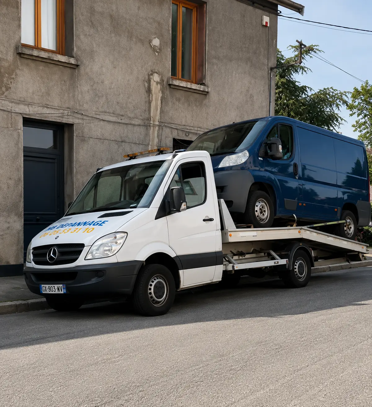 Fourgon charg&eacute; sur une d&eacute;panneuse MB DEPANNAGE